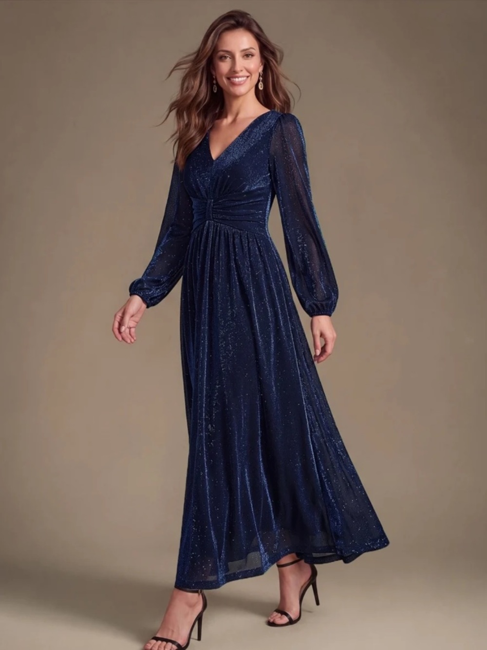 Lurex Mesh Puff Sleeve A-Line Evening Dress (Size XL)